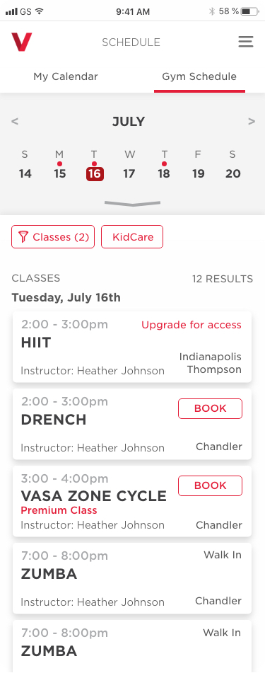 VASA class search screen